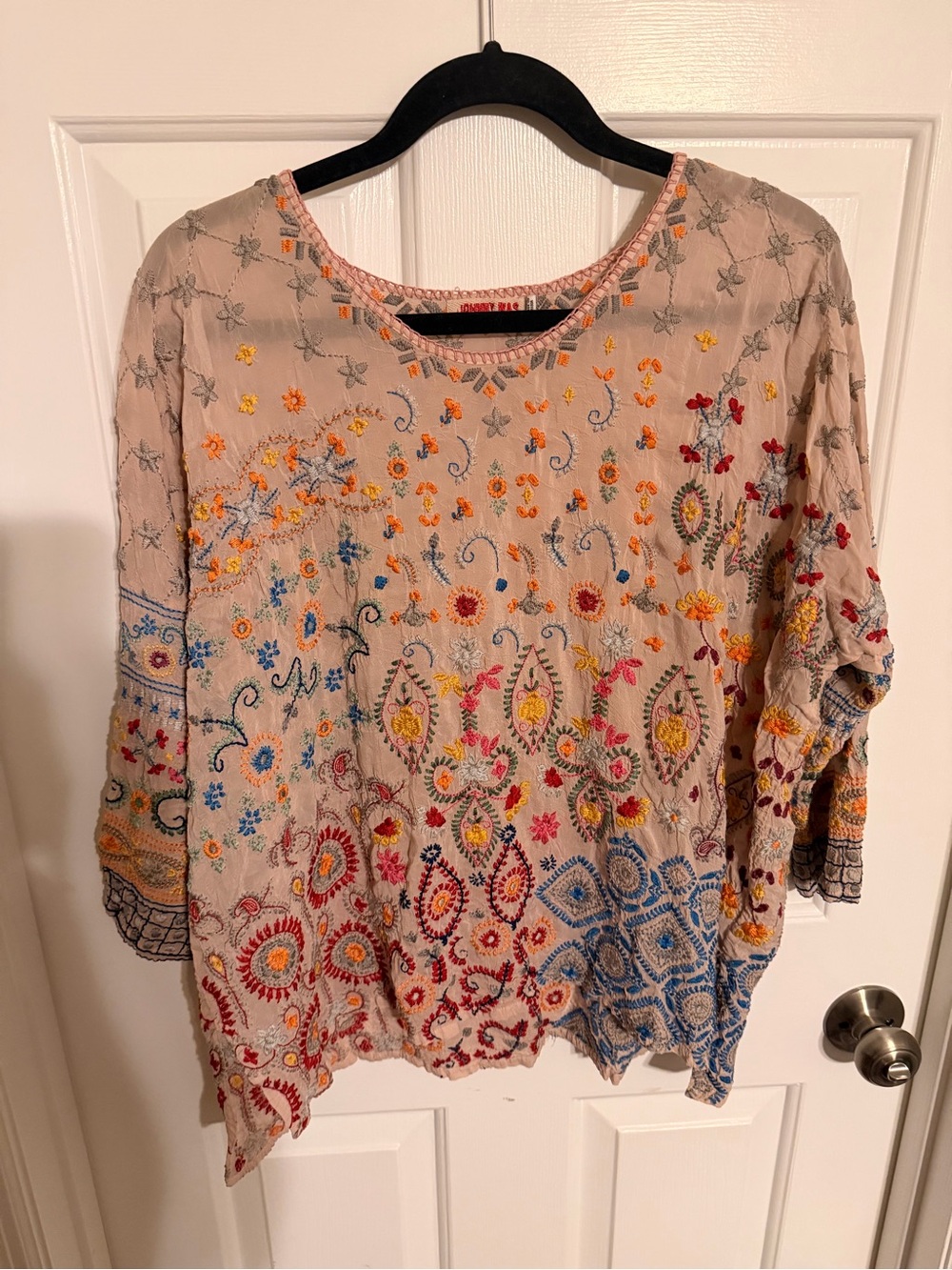 Johnny Was Beige Tunic with Multicolor Embroidery